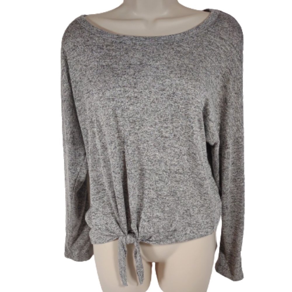 Caution to the Wind Black Gray Mottled Tie Front Long Sleeve Shirt Women's L